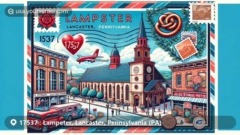 Modern illustration of Lampeter, Lancaster, Pennsylvania, with airmail envelope design showcasing Ephrata Cloister and Julius Sturgis Pretzel Bakery, featuring iconic red rose symbol and ZIP code 17537.