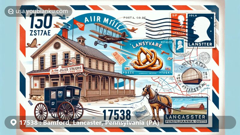 Modern illustration of Bamford area, ZIP code 17538, Lancaster County, Pennsylvania, featuring airmail envelope with postal theme, Julius Sturgis Pretzel Bakery, Amish buggy, covered bridges, and Pennsylvania state flag.