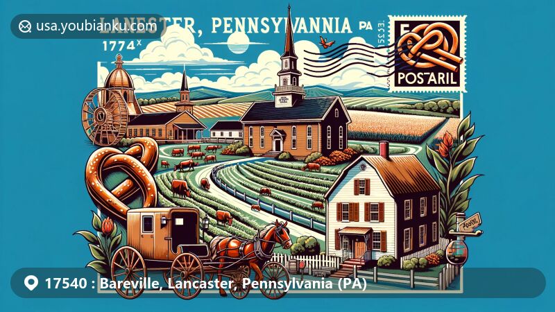 Modern illustration of Bareville, Lancaster, Pennsylvania, featuring Amish culture, historical landmarks, and scenic countryside, with Amish buggy, farmhouse, Ephrata Cloister, and Julius Sturgis Pretzel Bakery, in postal-themed design with vintage postcard layout, postal stamp '17540', and old-fashioned mailbox.