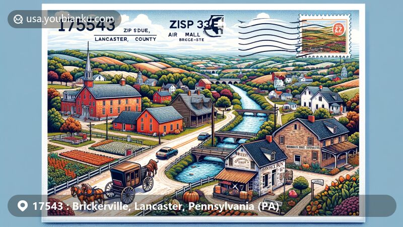 Modern illustration of Brickerville, Lancaster County, Pennsylvania, with elements representing the region's heritage and natural beauty, featuring Hammer Creek, Furnace Run, Cocalico Creek watershed, Susquehanna River, Brickerville House Restaurant, Bricker Village, Lorah's Handmade Chocolates, Pennsylvania Dutch Country symbols, Amish buggies, covered bridges, and Revolutionary War references.