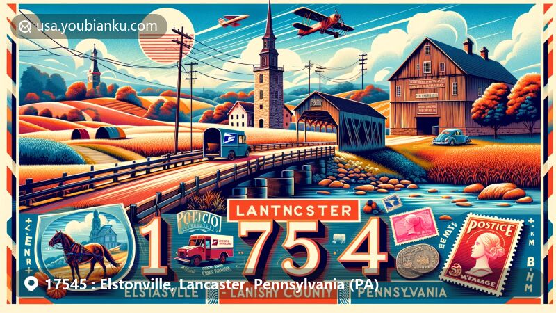 Modern illustration of Elstonville area in Lancaster County, Pennsylvania, featuring ZIP code 17545 and blending tranquil beauty with historical landmarks like Amish farms, covered bridges, and Rock Ford mansion.