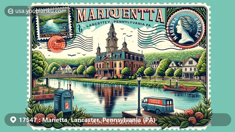 Modern illustration of Marietta, Lancaster County, Pennsylvania, featuring ZIP code 17547, showcasing the serene Susquehanna River, Old Town Hall, postmark, stamp, American mailbox, and postal van.