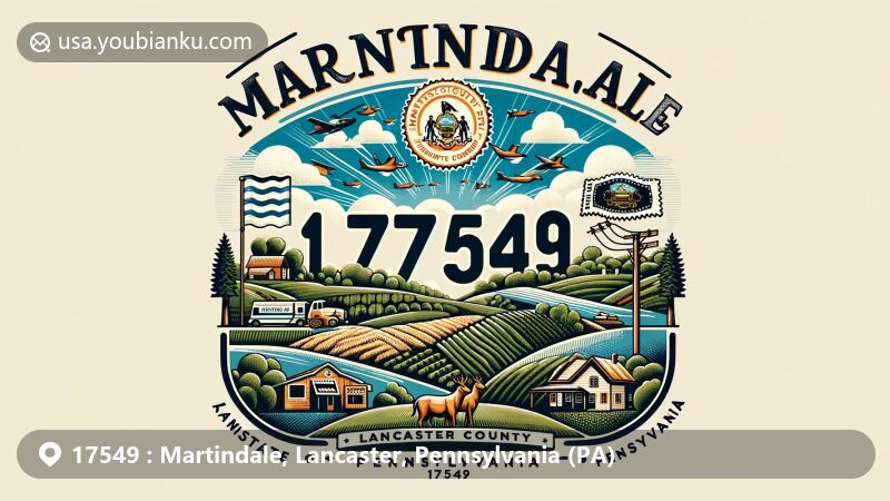 Creative illustration of Martindale area in Lancaster County, Pennsylvania, featuring rural landscape with farmlands and general store, incorporating Pennsylvania symbols like Keystone, state flag, and Mountain Laurel, white-tailed deer, and Great Dane.