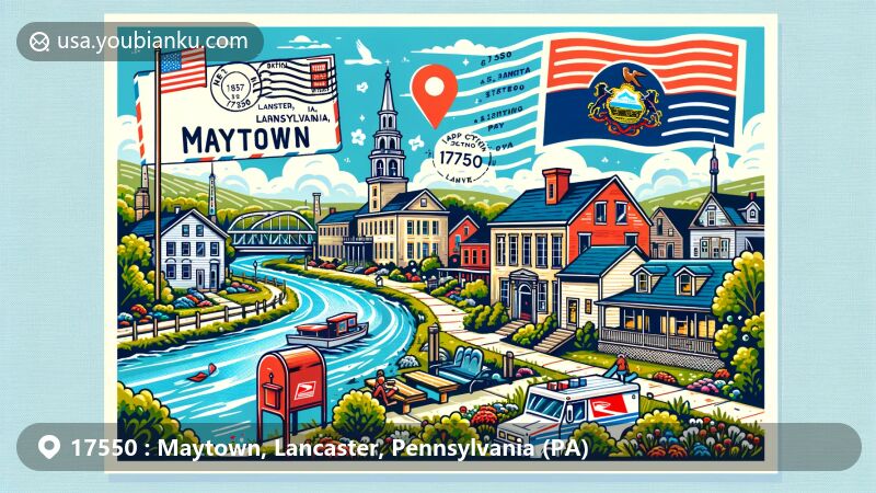 Modern illustration of Maytown, Lancaster, Pennsylvania, highlighting landmarks, the Pennsylvania state flag, and postal elements with ZIP code 17550.
