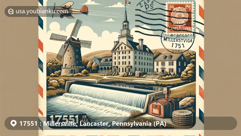 Modern illustration of Millersville, Pennsylvania, highlighting zip code 17551 and featuring Millersville University and the Mill at Manor Falls, reflecting the area's cultural significance and local heritage.