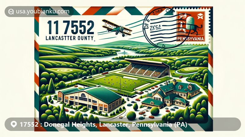 Modern illustration of Donegal Heights, Lancaster County, Pennsylvania, featuring Donegal Athletic Stadium and Highlands of Donegal Golf Club, with lush green fields and a vintage air mail envelope displaying ZIP code 17552.