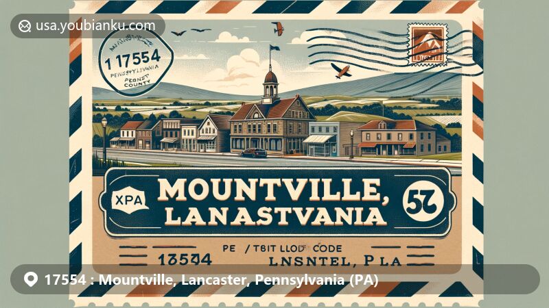 Modern illustration of Mountville, Lancaster County, Pennsylvania, showcasing vintage postcard theme with ZIP code 17554, capturing small-town charm, rich history, and cultural heritage.