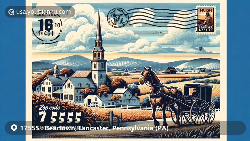 Modern illustration of Beartown, Lancaster County, Pennsylvania, featuring Amish horse and buggy against the backdrop of iconic rolling hills and farmland, including Wright's Ferry Mansion and Cornwall Iron Furnace.