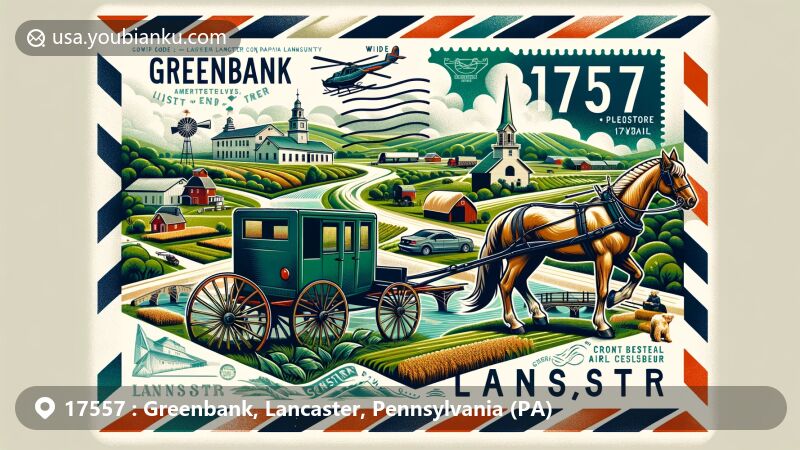 Modern illustration of Greenbank, Lancaster, Pennsylvania, highlighting postal theme with ZIP code 17557, showcasing Amish culture and Lancaster landmarks.