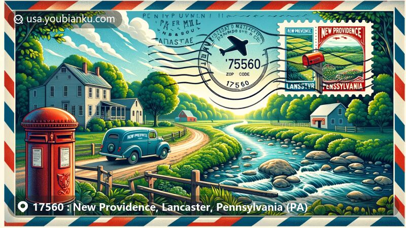 Modern illustration of New Providence, Lancaster County, Pennsylvania, showcasing postal theme with ZIP code 17560, featuring countryside views and Big Beaver Creek.