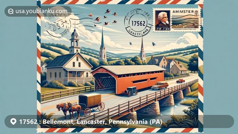 Modern illustration of 17562 ZIP code area in Lancaster County, Pennsylvania, featuring Amish countryside with rolling hills and farmland, iconic covered bridges like Hunsecker's Mill Covered Bridge and Weaver's Mill Covered Bridge, historical landmarks including Wright's Ferry Mansion and Robert Fulton Birthplace, and Amish cultural elements like a horse-drawn buggy.