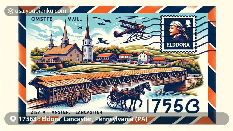 Artistic rendition of zip code 17563 in Eldora, Lancaster County, Pennsylvania, featuring a modern postcard design with symbols of Lancaster's history and Amish culture.