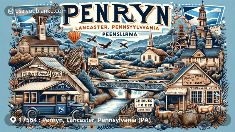 Modern illustration of Penryn, Lancaster, Pennsylvania (PA), showcasing historical richness with Amish community, covered bridges, Ephrata Cloister, Julius Sturgis Pretzel Bakery, and Pennsylvania symbols.