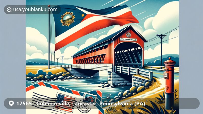 Scenic illustration of Colemanville Covered Bridge in Lancaster County, Pennsylvania, with state flag waving in rural backdrop and postcard design incorporating postal elements.