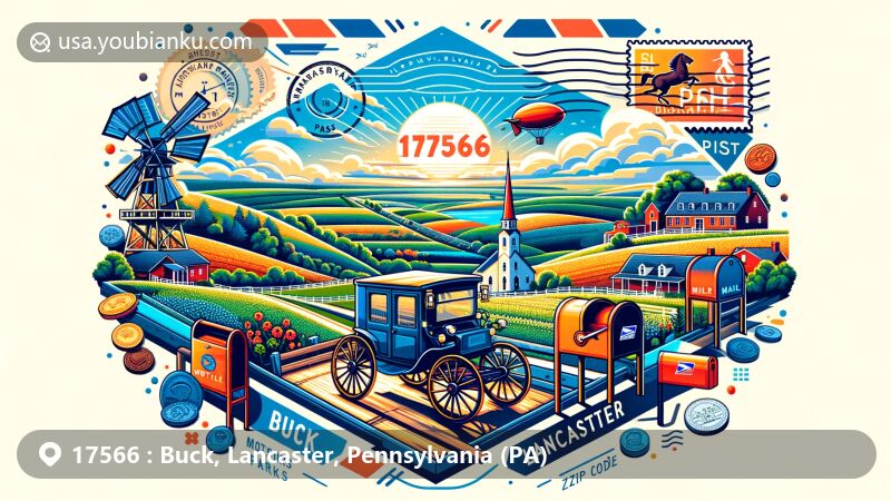 Creative illustration of Buck area in Lancaster County, Pennsylvania, blending postal theme with ZIP code 17566, showcasing Buck Motorsports Park and Amish cultural symbols.