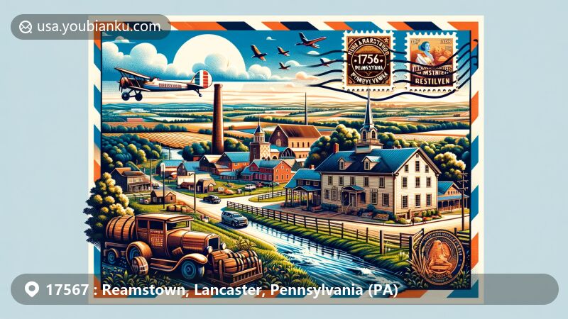 Modern illustration of Reamstown, Pennsylvania, displaying historical and cultural elements, including American Revolution significance, Cocalico Creek, Pennsylvania German influence, and Union Barrel Works, set against Lancaster County's picturesque landscapes.