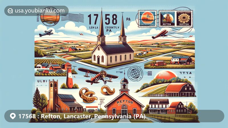 Modern illustration of Refton, Lancaster County, Pennsylvania, showcasing postal theme with ZIP code 17568, featuring Amish communities, farmlands, historic architecture, Ephrata Cloister, and Julius Sturgis Pretzel Bakery.