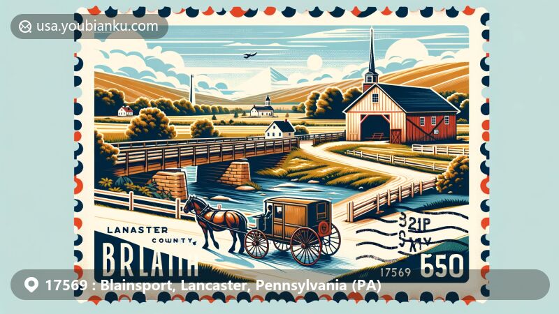 Modern illustration of Blainsport area in Lancaster County, Pennsylvania, featuring traditional Amish countryside elements like a horse-drawn carriage and a covered bridge, with a postal theme including vintage postage stamp border and ZIP Code 17569.