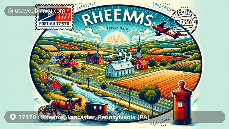 Modern illustration of Rheems, Lancaster County, Pennsylvania, featuring postal theme with ZIP code 17570, showcasing geographical elements like Susquehanna River and Donegal Creek, along with cultural symbols like Amish community and historic landmarks.