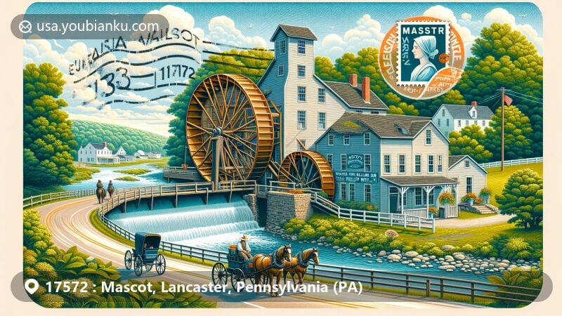 Modern illustration of Mascot, Lancaster, Pennsylvania, highlighting Mascot Roller Mills and Ressler Family Home in Amish community landscape, showcasing historic water-powered grain mill and miller's house by Mill Creek, with Amish carriage and lush greenery, incorporating postal theme with ZIP code 17572.
