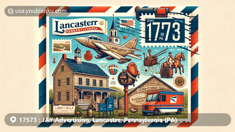 Modern illustration of Lancaster, Pennsylvania, showcasing postal theme with ZIP code 17573, featuring Landis Valley Museum, Historic Rock Ford, and traditional crafts, in a wide-format design.