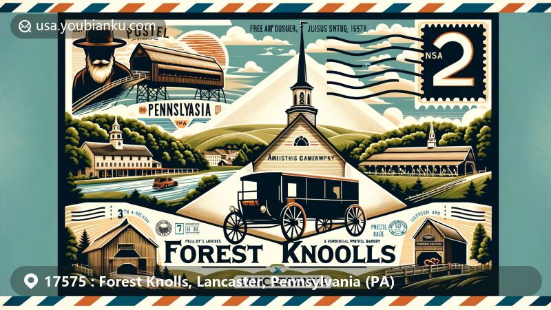 Modern illustration of Forest Knolls, Lancaster County, Pennsylvania, showcasing postal theme with vintage airmail envelope, Pennsylvania state flag, Amish cultural elements, covered bridges, Julius Sturgis Pretzel Bakery, and ZIP code 17575.
