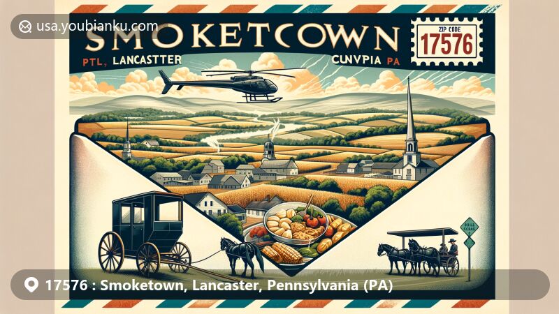 Modern illustration of Smoketown, Lancaster County, Pennsylvania, with ZIP code 17576, featuring iconic farmlands, Amish culture, Smoketown Helicopters, Amish horse-drawn buggies, and local cuisine like Pennsylvania Dutch chicken pot pie and chicken corn soup.