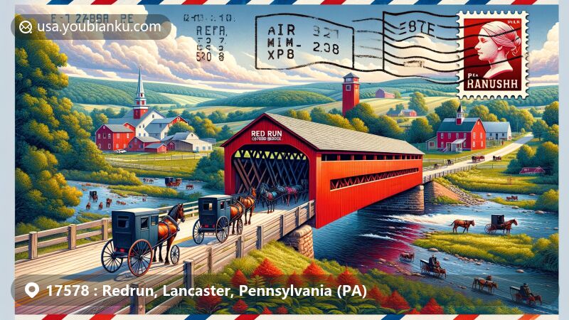 Modern illustration of Redrun, Lancaster, Pennsylvania, blending postal themes with Red Run Covered Bridge and Amish culture elements, set on a postcard with lush landscapes and Amish horse-drawn buggies, alluding to the area's strong Amish community presence.