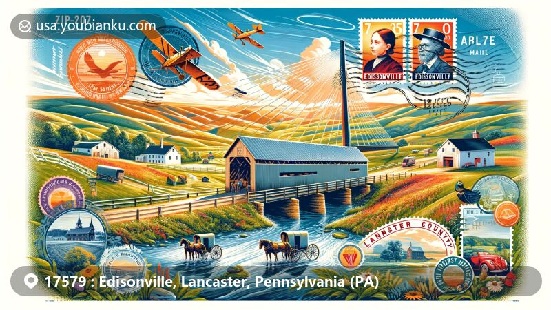 Modern illustration of Edisonville, Lancaster, Pennsylvania (PA), blending postal elements with local landmarks like the Amish Farm and House and the historic Rock Ford. Features an air mail envelope, traditional Amish horse and buggy, and picturesque Lancaster County landscape with a covered bridge over a serene stream.