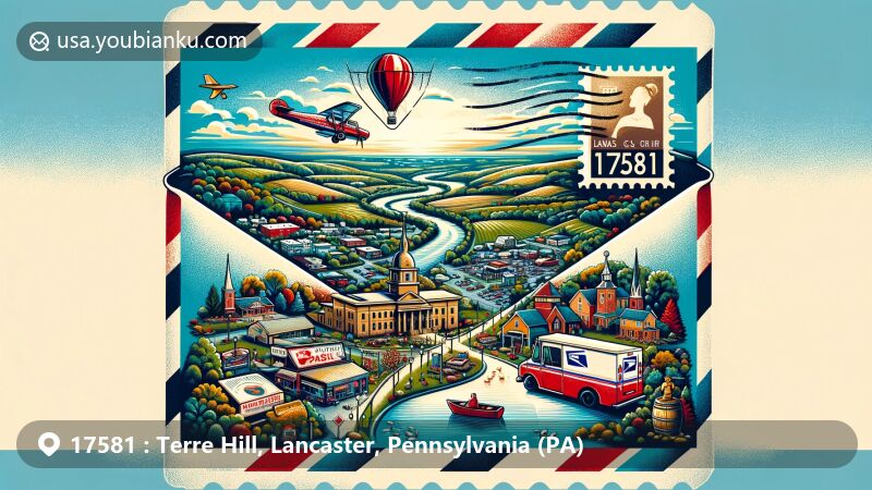 Modern illustration of Terre Hill, Lancaster County, Pennsylvania, featuring a wide-format air mail envelope with scenic view of Weaverland Valley, Conestoga River, and community events like Christmas in the Park and Terre Hill Days.