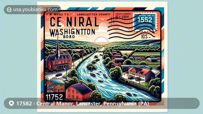 Wide-format illustration of Central Manor and Washington Boro, Lancaster County, Pennsylvania, showcasing rural community essence and Susquehanna River's significance, with modern postal-themed design and ZIP code 17582.