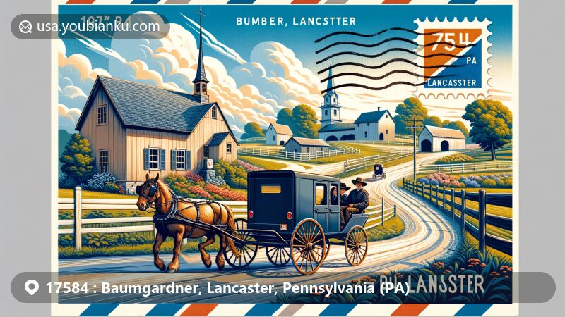 Modern illustration of Baumgardner, Lancaster, Pennsylvania, showcasing Amish community with buggy, traditional farms, Rock Ford estate, covered bridges, and Pennsylvania symbols, designed like a vintage air mail envelope with ZIP code 17584.