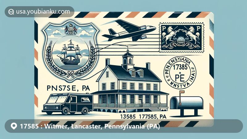 Modern illustration of Witmer, Lancaster, Pennsylvania, highlighting postal theme with ZIP code 17585, featuring airmail envelope, Witmer's Tavern outline, Pennsylvania state coat of arms with ship, plow, wheat sheaves, stamp, postmark, mail van, and American mailbox.