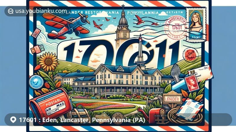 Modern illustration of ZIP code 17601 in Eden, Lancaster, Pennsylvania, featuring the Eden Resort & Suites as the central theme, with state symbols and postal heritage elements.