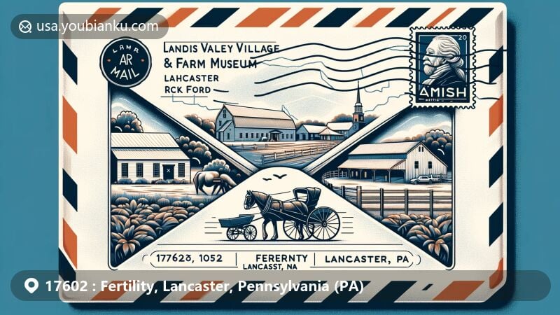 Modern illustration of Fertility, Lancaster, Pennsylvania (PA) postal theme with ZIP code 17602, featuring Landis Valley Village & Farm Museum, Historic Rock Ford, and Amish community symbols.