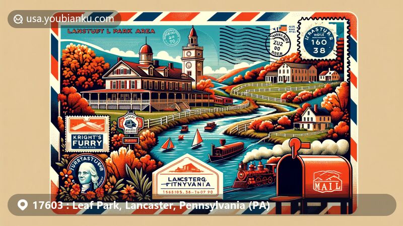 Modern illustration of Leaf Park, Lancaster, Pennsylvania (PA), focused on ZIP Code 17603, featuring a vintage airmail envelope with postal elements, Wright’s Ferry Mansion, Robert Fulton Birthplace, fall foliage, Strasburg Rail Road train, and a red mailbox.