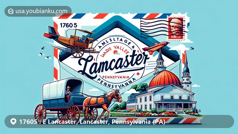 Modern illustration of E Lancaster, Lancaster, Pennsylvania (PA), showcasing postal theme with ZIP code 17605, featuring Landis Valley Village & Farm Museum, Fulton Theatre, and Amish buggy.