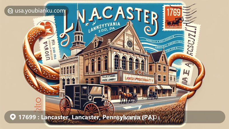Modern illustration of Lancaster, Pennsylvania, showcasing iconic Fulton Theatre, Amish buggy, and agricultural landscape, designed as vintage postcard with postal elements and Julius Sturgis Pretzel Bakery.
