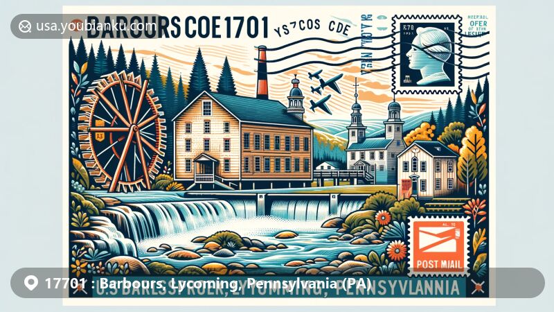 Modern illustration of ZIP Code 17701 in Barbours, Lycoming, Pennsylvania, featuring sawmill on Loyalsock Creek, historic buildings like U.S. Post Office and Williamsport City Hall, forests, Loyalsock Creek, vintage air mail envelope, and postage stamps.