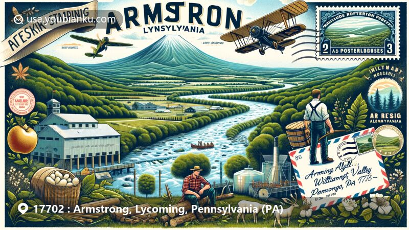 Modern illustration of Armstrong, Lycoming, Pennsylvania, blending natural beauty of Bald Eagle Mountain and Mosquito Valley with historical 'Lumber Capital of the World' theme. Includes old-growth forests, lumberjacks, orchards, and dairy operations, symbolizing land transformation. Postal elements: airmail envelope frame, Williamsport Armory postage stamp, 'Armstrong, Lycoming, PA 17702' postmark.