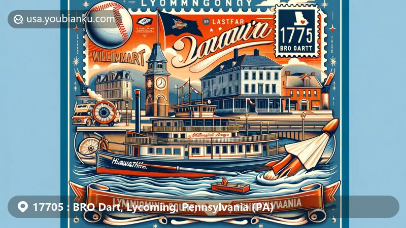 Modern illustration of BRO Dart, Lycoming County, Pennsylvania, showcasing ZIP code 17705, featuring Hiawatha Paddlewheel Riverboat, Little League World Series, and Millionaire's Row Historic District, with vintage air mail envelope theme.