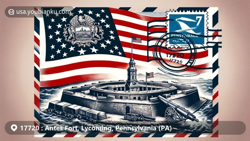 Modern illustration of Antes Fort, Lycoming County, Pennsylvania (PA), showcasing historic Fort Antes, Pennsylvania state flag, and a postcard theme with ZIP code 17720.