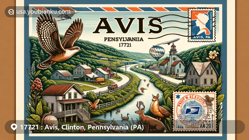 Modern illustration of Avis, Pennsylvania, combining postal culture with the borough's natural beauty and location in Clinton County and Pennsylvania, capturing symbolically Central Avenue and featuring a vintage air mail envelope with Pennsylvania state symbols like the Ruffed Grouse, White-tailed Deer, Eastern Hemlock, and Mountain Laurel.