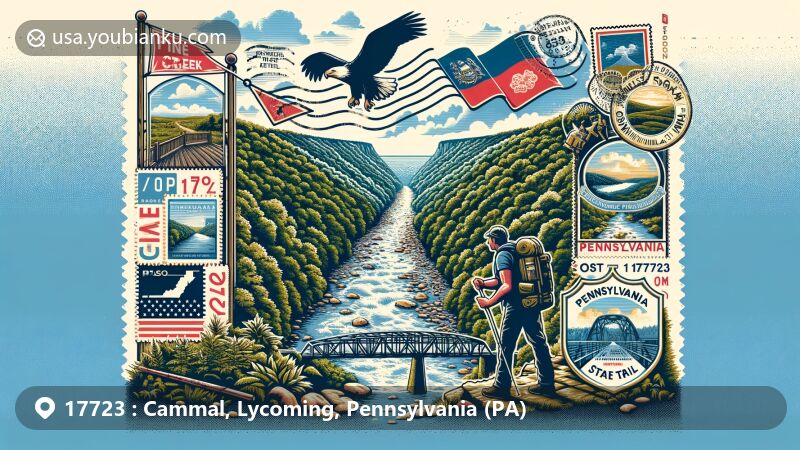 Modern illustration of Cammal, Pennsylvania, blending natural beauty of Pine Creek Gorge with postal elements, featuring hiker on Golden Eagle Trail and Pennsylvania state symbols.