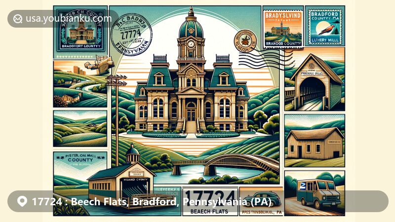 Modern illustration of Beech Flats, Bradford County, Pennsylvania, showcasing postal theme with ZIP code 17724, featuring landmarks like Bradford County Courthouse, French Azilum Historic Site, and Luther's Mills Covered Bridge.