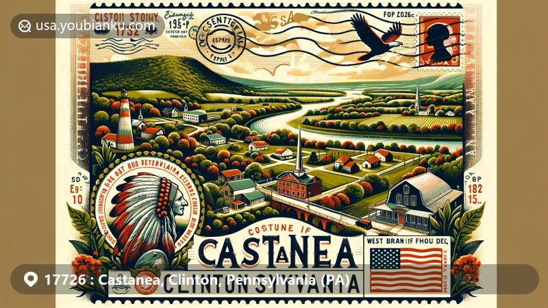 Creative illustration of Castanea, Clinton County, Pennsylvania, featuring Bald Eagle Creek, Bald Eagle Mountain, and the West Branch of the Susquehanna River, with vintage postal elements and ZIP Code 17726.