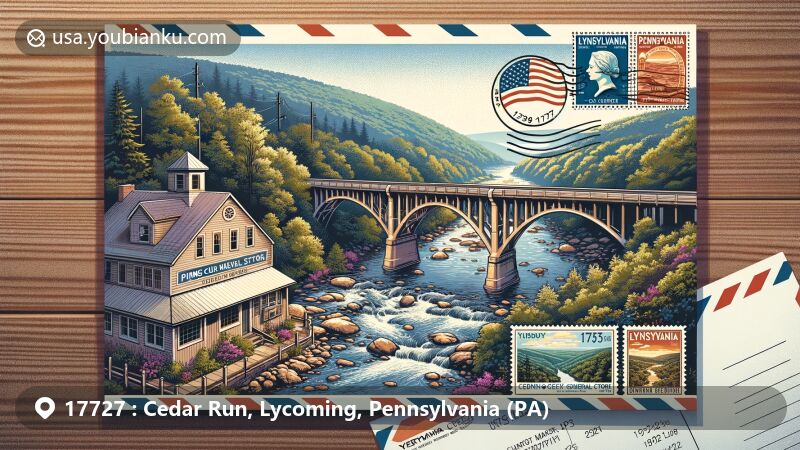 Modern illustration of the Cedar Run area in Lycoming County, Pennsylvania, featuring a bridge over Pine Creek, the Pine Creek Gorge, and the Cedar Run General Store, embodying local charm and community spirit with elements of postal communication and the ZIP Code '17727'.