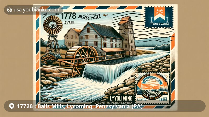 Modern illustration of Balls Mills, Lycoming County, Pennsylvania, featuring vintage air mail envelope with ZIP code 17728, showcasing saw mill honoring John Ball, and integrating Mill Creek and Pennsylvania state symbols.