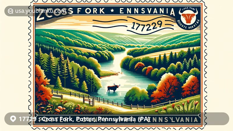 Modern illustration of Cross Fork, Potter County, Pennsylvania, highlighting Ole Bull State Park with vibrant greenery, dense forests, and Kettle Creek. Incorporates postal elements like a postage stamp frame and ZIP code 17729.