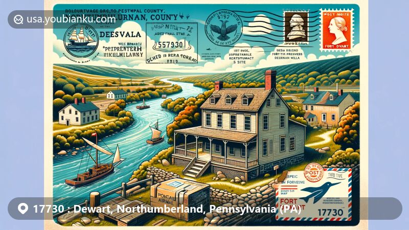 Modern illustration of Dewart, Northumberland County, Pennsylvania, featuring West Branch Susquehanna River, Joseph Priestley House, and Fort Dewart site, with vintage postal elements like airmail envelope and '17730' stamp.